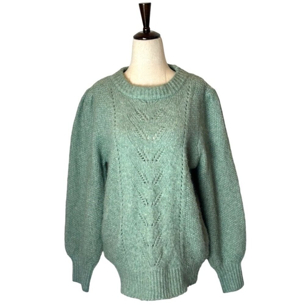FRNCH Sweater Women Large Green Fuzzy Knit Puff Ballon Sleeve Crew Neck Pullover